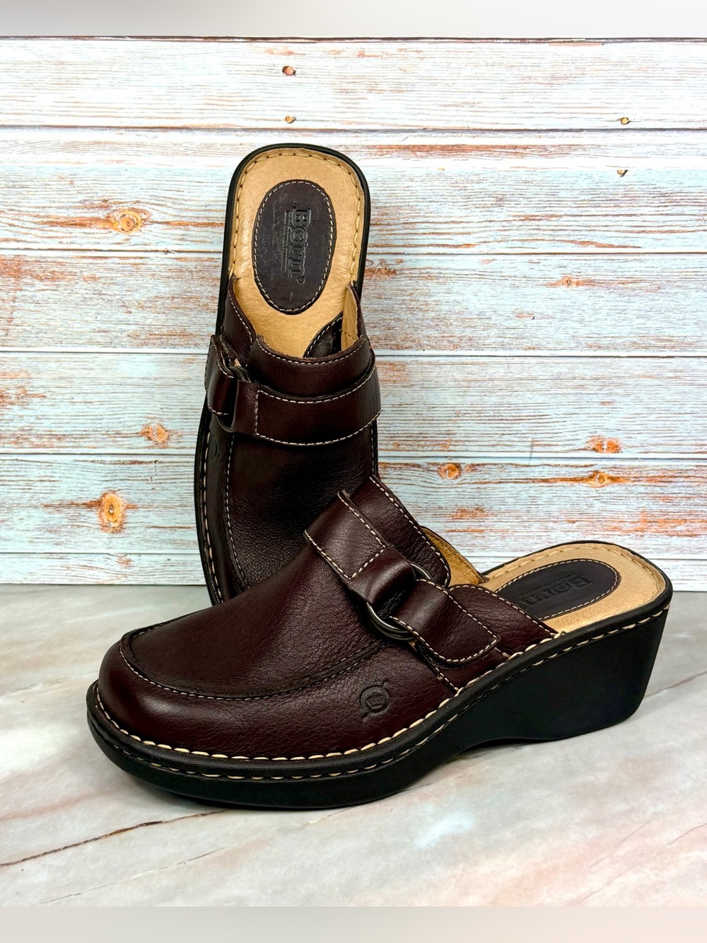 Born Cloister Dark Brown Leather Mule Wedge w/ Side Buckle Detail - EUC